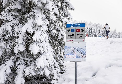 Wegweiser für eine Skitour in verschneiter Winterlandschaft.