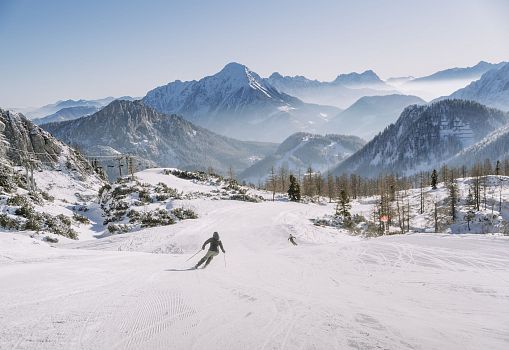 A skier skiing on a wide slope with an impressive mountain panorama.