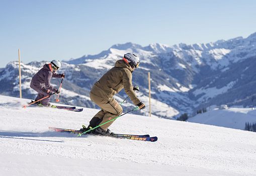 Two skiers carving on a sunny slope with snowy mountain views.