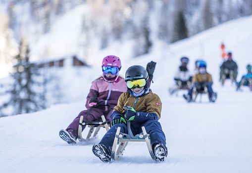 A woman and a child are tobogganing.